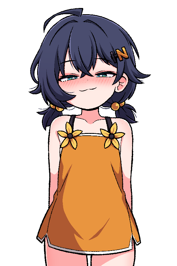 1girl aged_down ahoge arms_behind_back bare_shoulders belle_(zenless_zone_zero) blue_hair blush dress green_eyes ink_(inksgirls) loli looking_at_viewer low_twintails orange_dress short_dress short_hair smile smug solo twintails white_background zenless_zone_zero