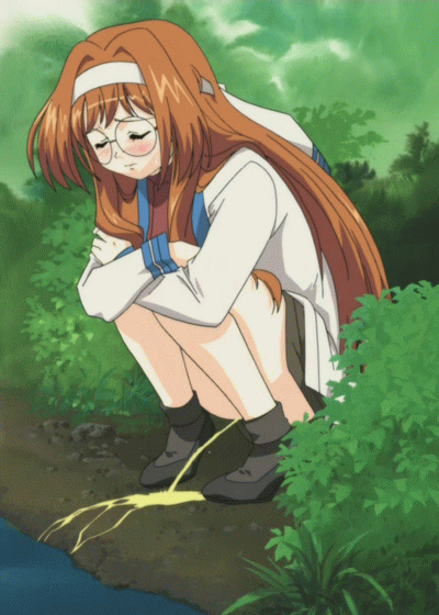 1girl animated animated_gif anime_screenshot black_shoes black_skirt black_socks blush brown_hair bush closed_eyes crossed_arms dai_(series) daiakuji forest glasses grass hair_ribbon jacket kinugasa_tomoko long_hair long_sleeves nature peeing puddle ribbon river shoes skirt socks squatting water white_jacket white_ribbon