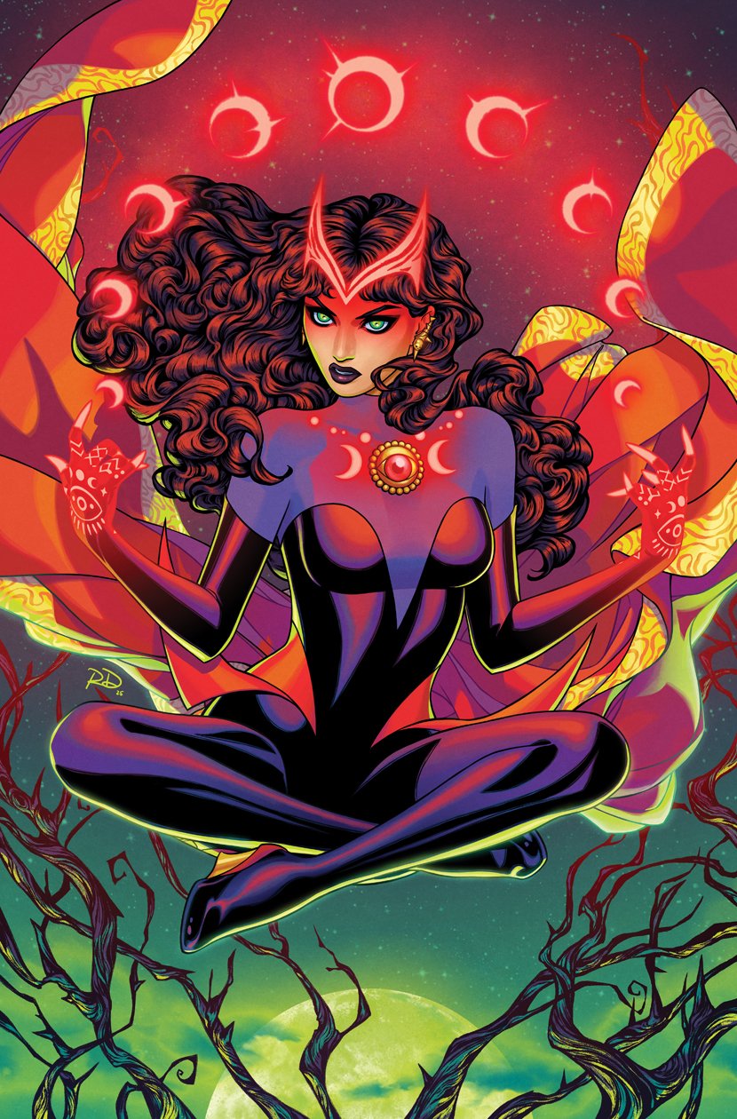 1girl avengers_(series) breasts brown_hair comic_cover commentary curly_hair earrings english_commentary eye_of_agamotto eyeshadow fingerless_gloves full_moon gloves glowing_markings green_eyes green_sky highres indian_style invisible_chair jewelry long_hair looking_at_viewer magic makeup marvel medium_breasts moon official_alternate_costume official_art purple_eyeshadow russell_dauterman scarlet_witch sitting sky solo superhero_costume wanda_maximoff western_comics_(style)