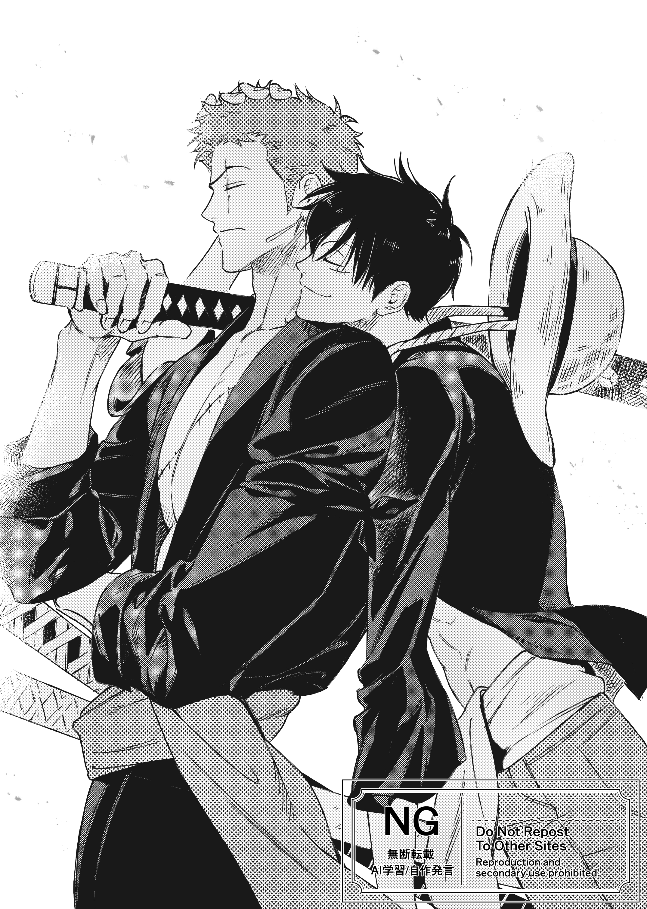 monkey d. luffy, roronoa zoro, one piece, absurdres, commentary, highres,  symbol-only commentary, 2boys, closed eyes, closed mouth, cowboy shot,  debris, earrings, evrinuk, facial scar, from side, greyscale, hand on  another\u0026#039;s head, hat,, image size:2150x3021