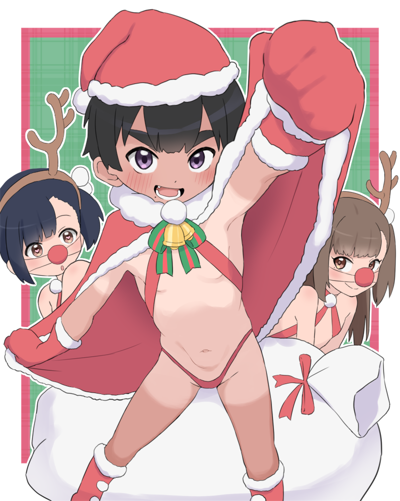 3girls antlers bell black_hair blush boots brown_eyes brown_hair bubukka cape christmas fake_antlers flat_chest fur_trim gloves hat heart heart-shaped_pupils horns loli looking_at_viewer mikan_(bubukka) multiple_girls navel one-piece_tan open_mouth original purple_eyes red_nose reindeer_antlers sack santa_costume santa_hat short_hair smile standing swimsuit symbol-shaped_pupils tachibana_momoka_(bubukka) tan tanline uri_(bubukka) yariharu_uri_(bubukka)