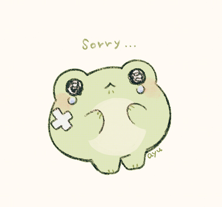 :&lt; animal_focus artist_name ayu_(mog) bandaid closed_mouth commentary english_commentary english_text frog full_body mixed-language_commentary no_humans original romaji_commentary simple_background solid_circle_eyes solo tears white_background