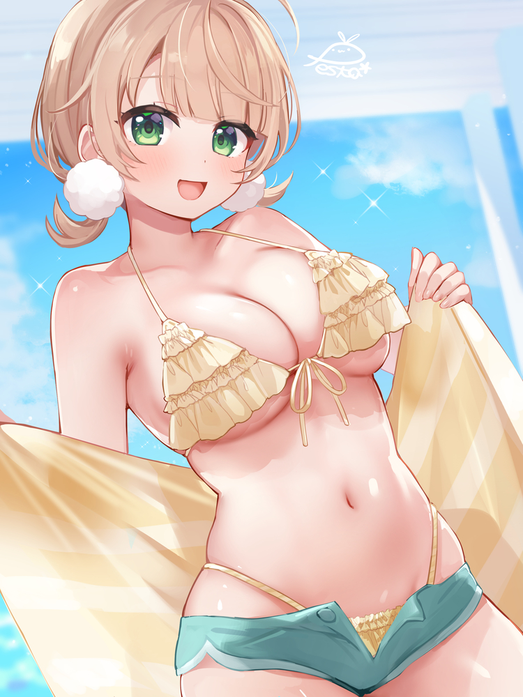 1girl :d bikini blonde_hair breasts cleavage commentary_request festa11307070 frilled_bikini frills green_eyes hair_ornament highleg highleg_bikini indie_virtual_youtuber large_breasts looking_at_viewer low_twintails navel open_mouth pom_pom_(clothes) pom_pom_hair_ornament shigure_ui_(vtuber) short_hair short_shorts shorts signature smile solo standing stomach swimsuit thighs tongue twintails undersized_breast_cup undersized_clothes variant_set virtual_youtuber yellow_bikini