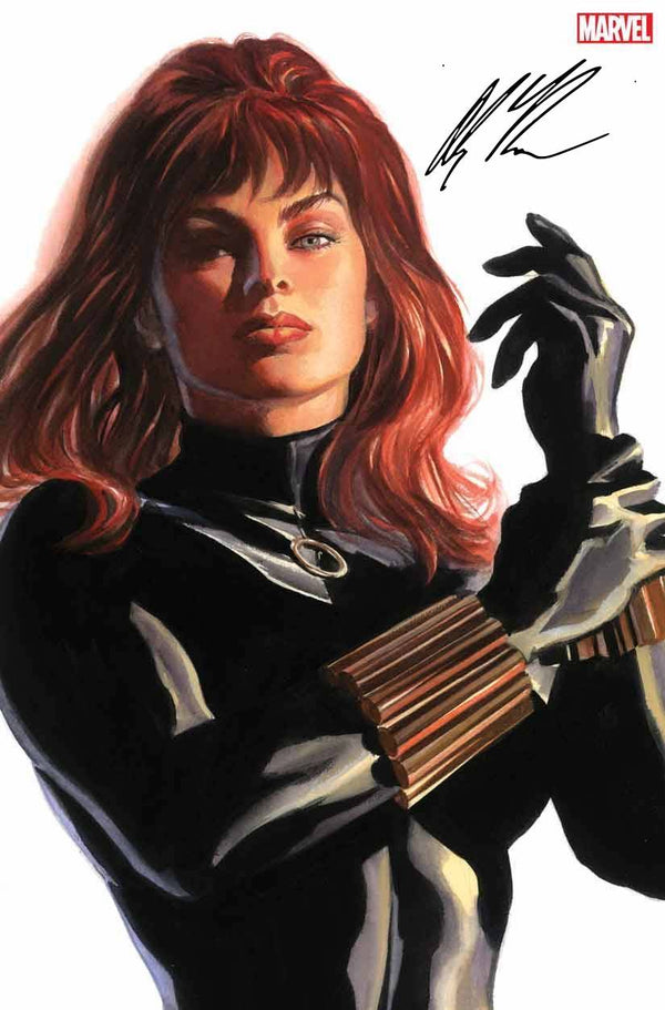 1girl adjusting_clothes adjusting_gloves alex_ross avengers_(series) black_bodysuit black_gloves black_widow bodysuit comic_cover cover cover_page gloves grey_eyes long_hair looking_at_viewer marvel natasha_romanoff o-ring official_art one_eye_in_shadow realistic red_hair signature solo upper_body western_comics_(style) white_background
