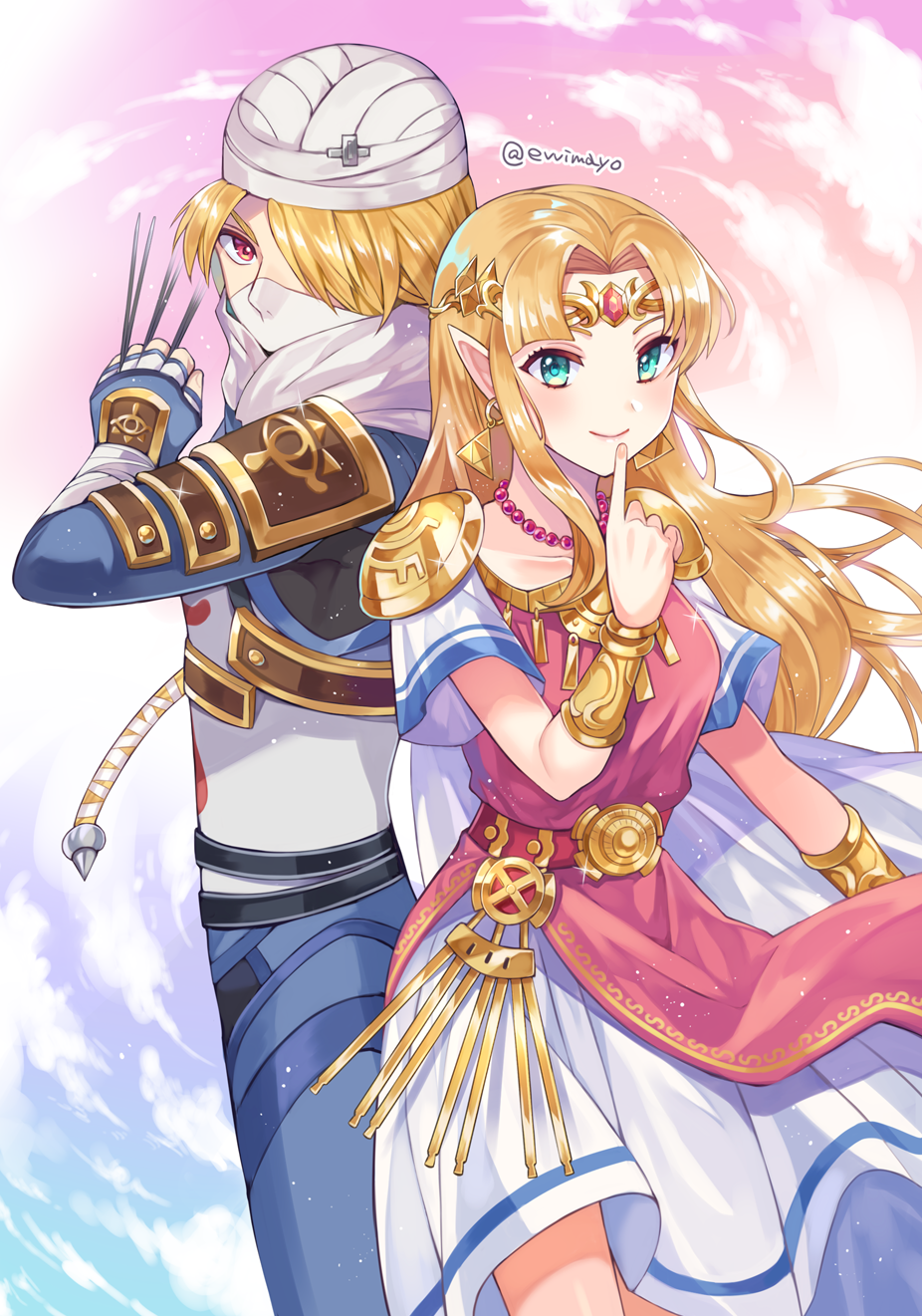 2girls aqua_eyes armor back-to-back bag bead_necklace beads between_fingers blonde_hair blush bracer circlet closed_mouth cloud commentary_request cowboy_shot dress earrings finger_to_mouth fingerless_gloves forehead_jewel gem glint gloves hair_over_one_eye highres holding indian_style jewelry long_hair looking_at_viewer multiple_girls necklace nintendo parted_bangs pauldrons princess_zelda red_eyes red_gemstone sheik shina_shina short_sleeves shoulder_armor shoulder_bag sitting smile standing super_smash_bros. tabard the_legend_of_zelda the_legend_of_zelda:_a_link_between_worlds the_legend_of_zelda:_a_link_to_the_past the_legend_of_zelda:_ocarina_of_time triforce turban twitter_username v-shaped_eyebrows very_long_hair white_dress white_gloves