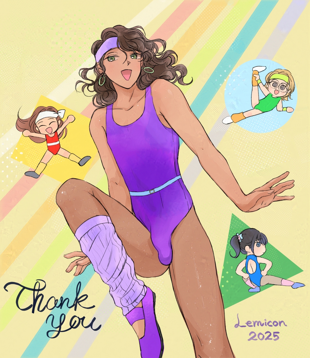 4boys backless_outfit black_hair blonde_hair blue_eyes blue_leotard brown_hair bulge dark-skinned_male dark_skin earrings english_text exercising green_leotard hair_ornament hair_scrunchie headband high_ponytail hoop_earrings jewelry lemicon leotard long_hair loose_socks multiple_boys open_mouth ponytail purple_leotard purple_socks red_leotard scrunchie slippers socks stretching trap