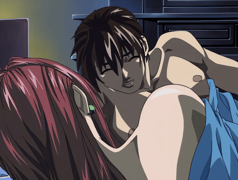 00s 1boy 1girl 2002 abs age_difference animated animated_gif anime_screenshot bare_shoulders bed bed_sheet bible_black bible_black_night_of_the_walpulgiss blush earrings handjob hetero implied_handjob jewelry long_hair mature_female minase_taki muscular muscular_male nude older_female_and_younger_male pectorals red_hair short_hair takashiro_hiroko teacher_and_student uncensored under_covers