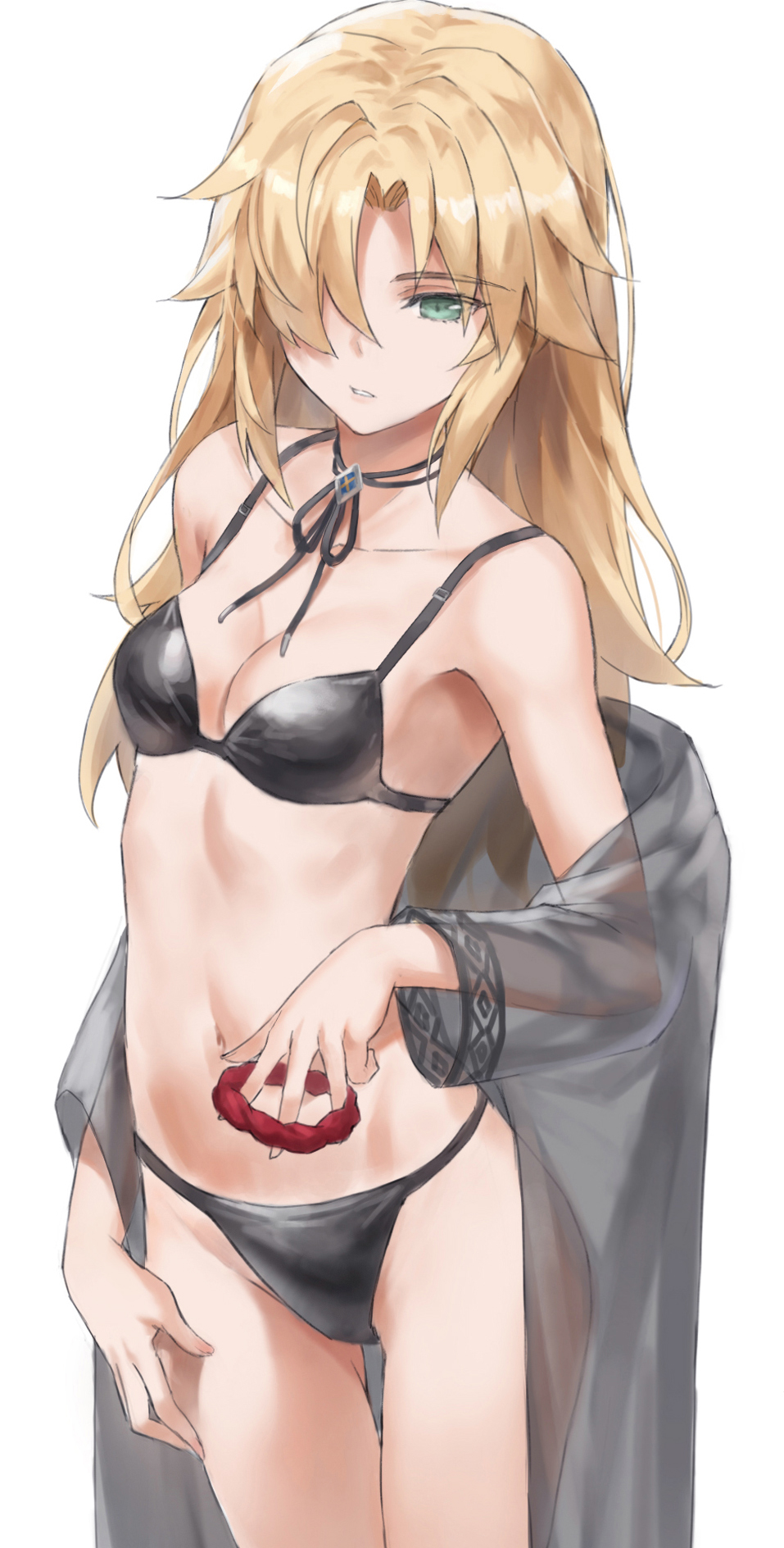 1girl bare_shoulders black_bra black_panties blonde_hair bra breasts cleavage collarbone commentary_request cowboy_shot fate/apocrypha fate_(series) green_eyes hair_over_one_eye highres long_hair mordred_(fate) navel panties parted_lips simple_background small_breasts solo stomach thighs tonee underwear white_background