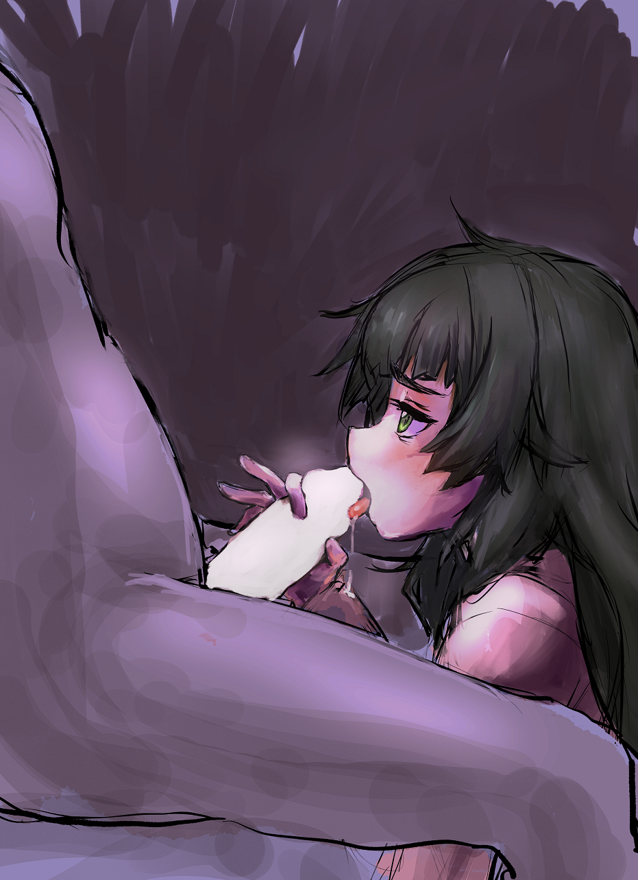 1boy 1girl blush censored clothed_female_nude_male dripping fellatio hetero highres hiyajou_maho licking licking_penis long_hair nude oral penis precum sadarann science_adventure steins;gate steins;gate_0 tongue tongue_out