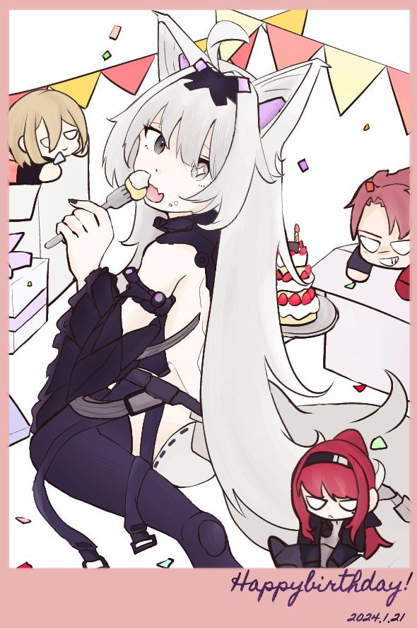 2boys 2girls ^ ahoge animal_ears backless_bodysuit birthday_cake black_bodysuit black_hairband black_jacket black_nails black_sleeves black_thighhighs bodysuit cake chibi cross-shaped_pupils dated detached_sleeves eating fang food food_on_face fork gift grey_eyes grey_hair hair_between_eyes hair_intakes hairband happy_birthday holding holding_fork jacket light_brown_hair long_hair looking_back mechanical_arms mechanical_ears mechanical_spine medium_hair mismatched_pupils multiple_boys multiple_girls murray_(pgr) n4gi5nagi no._21:_feral_(pgr) no._21_(pgr) noctis_(pgr) open_mouth ponytail punishing:_gray_raven red_hair sidelocks single_mechanical_arm skin_fang symbol-shaped_pupils tail thighhighs vera:_garnet_(pgr) vera_(pgr) very_long_hair wide_sleeves wolf_ears wolf_tail