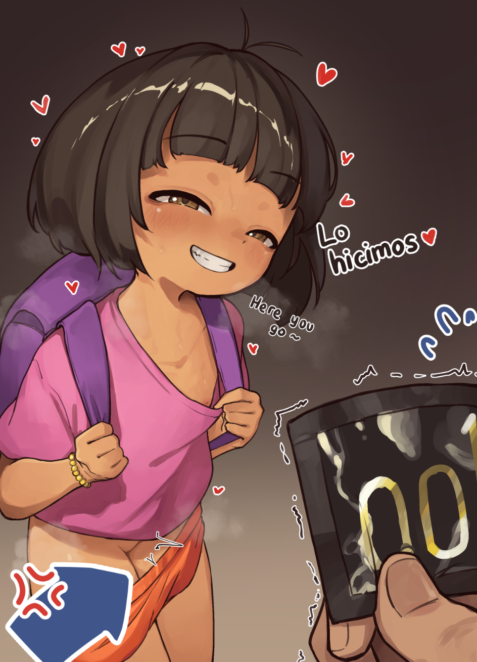 1girl anger_vein backpack bag brown_eyes condom condom_wrapper dora_marquez dora_the_explorer driftingtiger heart highres loli mesugaki shirt short_hair smile
