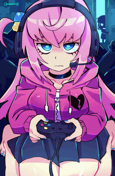 3girls ahoge animated animated_gif black_skirt blonde_hair blue_eyes blue_nails bocchi_the_rock! breasts character_request choker closed_mouth collarbone controller cube_hair_ornament game_controller gotoh_hitori hair_ornament headset holding holding_controller holding_game_controller hood hood_down hoodie ijichi_nijika jiansketch large_breasts multiple_girls open_mouth pink_hair pink_hoodie pleated_skirt seiza sitting skirt zipper zipper_pull_tab