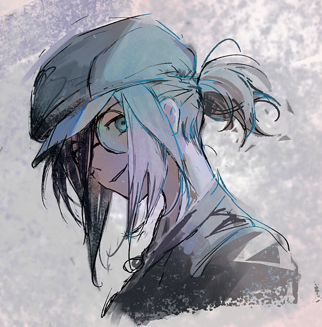 123456789qaqaqa 1girl black_hair black_hat blue_eyes cropped_torso flat_cap glasses grey_background hair_over_one_eye hat looking_at_viewer maque_(xinyue_tongxing) ponytail portrait protected_link round_eyewear smile solo turning_head xinyue_tongxing