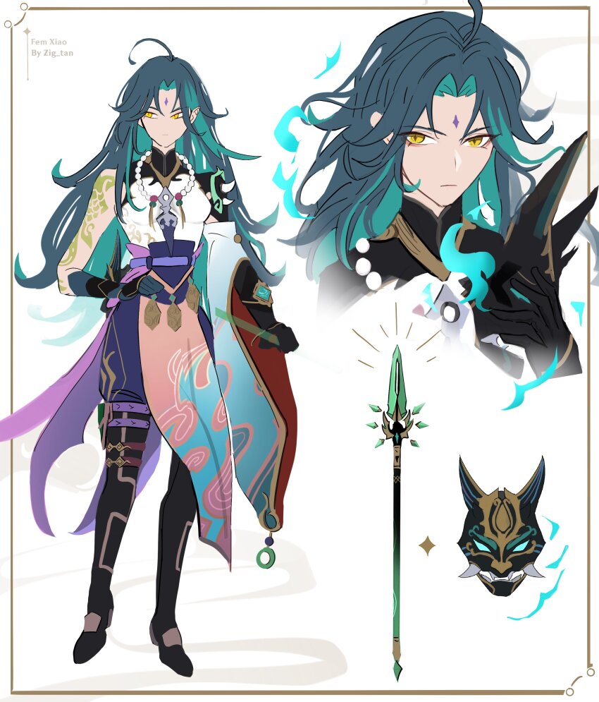 1girl absurdres ahoge arm_tattoo artist_name bead_necklace beads black_boots black_mask boots breasts character_name closed_mouth colored_inner_hair commentary detached_sleeves english_commentary expressionless facial_mark forehead_mark full_body genderswap genderswap_(mtf) genshin_impact gloves green_hair highres holding holding_mask horned_mask jewelry long_hair looking_at_viewer mask medium_breasts multicolored_hair multiple_views necklace polearm primordial_jade_winged-spear_(genshin_impact) shoulder_spikes simple_background single_detached_sleeve spear spikes tattoo vision_(genshin_impact) weapon white_background xiao_(genshin_impact) yellow_eyes zig_tan