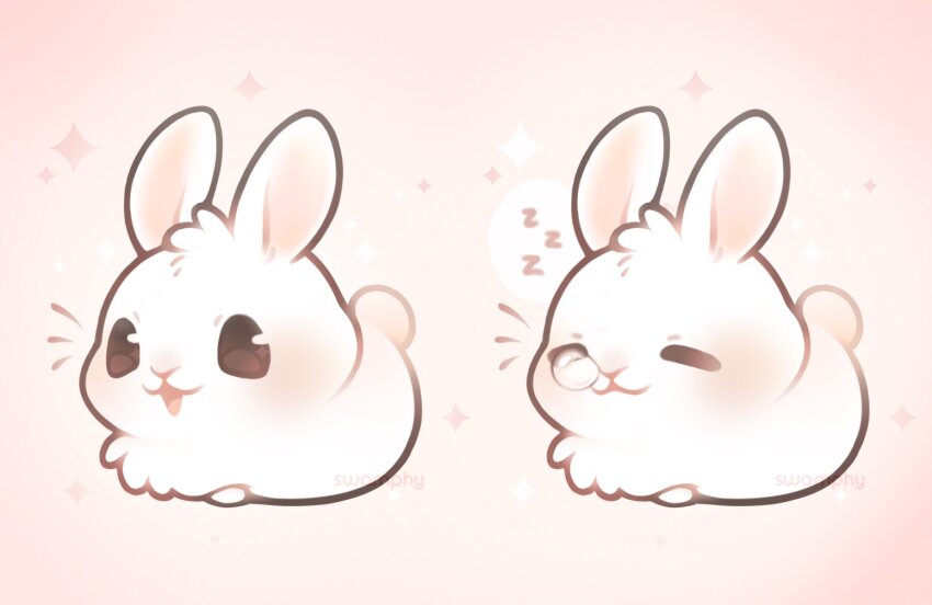 animal animal_focus artist_name blush closed_mouth commentary english_commentary lying no_humans nose_bubble open_mouth original pink_background rabbit sleeping smile star_(symbol) swamphy zzz