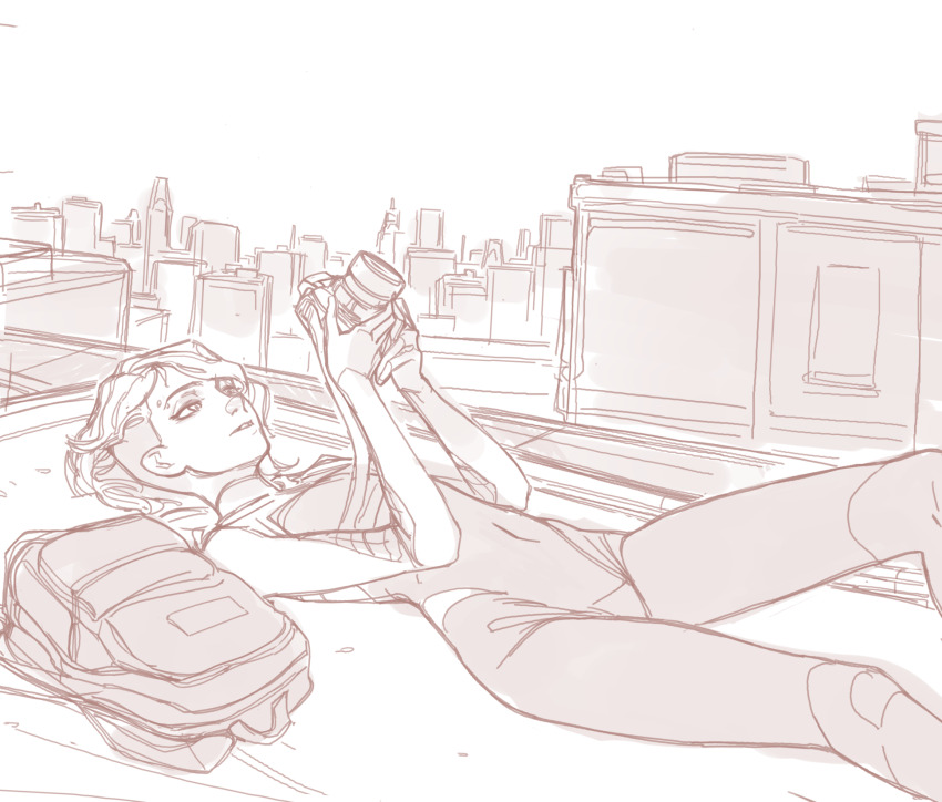 1girl camera commentary concept_art english_commentary eyebrow_piercing face_piercing feason feet_out_of_frame graphite_(medium) greyscale gwen_stacy highres holding holding_camera lying marvel monochrome piercing sketch spider-gwen spider-man:_into_the_spider-verse spider-man_(series) spider-verse superhero_costume traditional_media