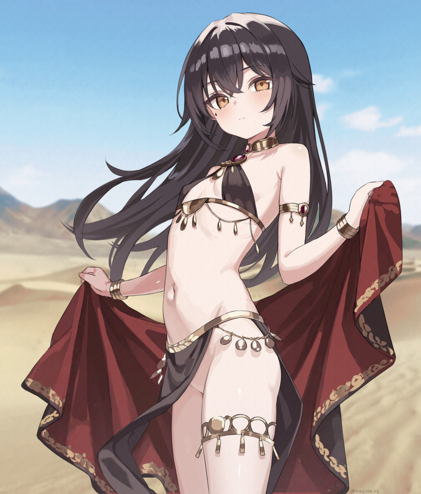 1girl absurdres bare_shoulders black_hair blush bracelet breasts brown_eyes dancer harem_outfit highres jewelry loli long_hair looking_at_viewer nagine navel neck_ring no_panties original pelvic_curtain small_breasts solo thighlet