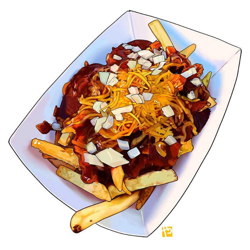 cheese chili_con_carne chili_fries commentary english_commentary food food_focus french_fries no_humans onion_slice original studiolg white_background