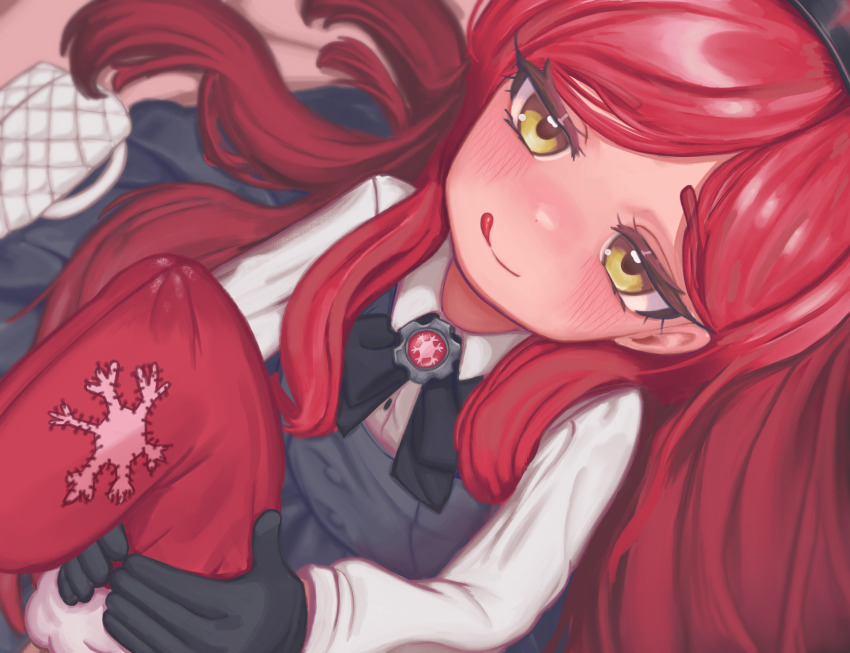 1boy 1girl :q black_gloves blue_archive closed_mouth dress gloves grey_dress handjob hetero highres loli long_hair long_sleeves looking_at_viewer red_hair senvik69 shirt smile sock_on_penis sockjob socks solo_focus takane_(blue_archive) tongue tongue_out white_shirt yellow_eyes