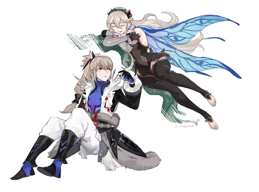 1boy 1girl armored_boots black_boots boots breasts female_corrin_(fire_emblem) female_corrin_(resplendent)_(fire_emblem) fire_emblem fire_emblem_fates fire_emblem_heroes grey_hair high_ponytail highres long_hair nearlydusk nintendo official_alternate_costume orange_eyes pants ponytail puffy_pants small_breasts takumi_(fire_emblem) takumi_(resplendent)_(fire_emblem) thighs white_pants