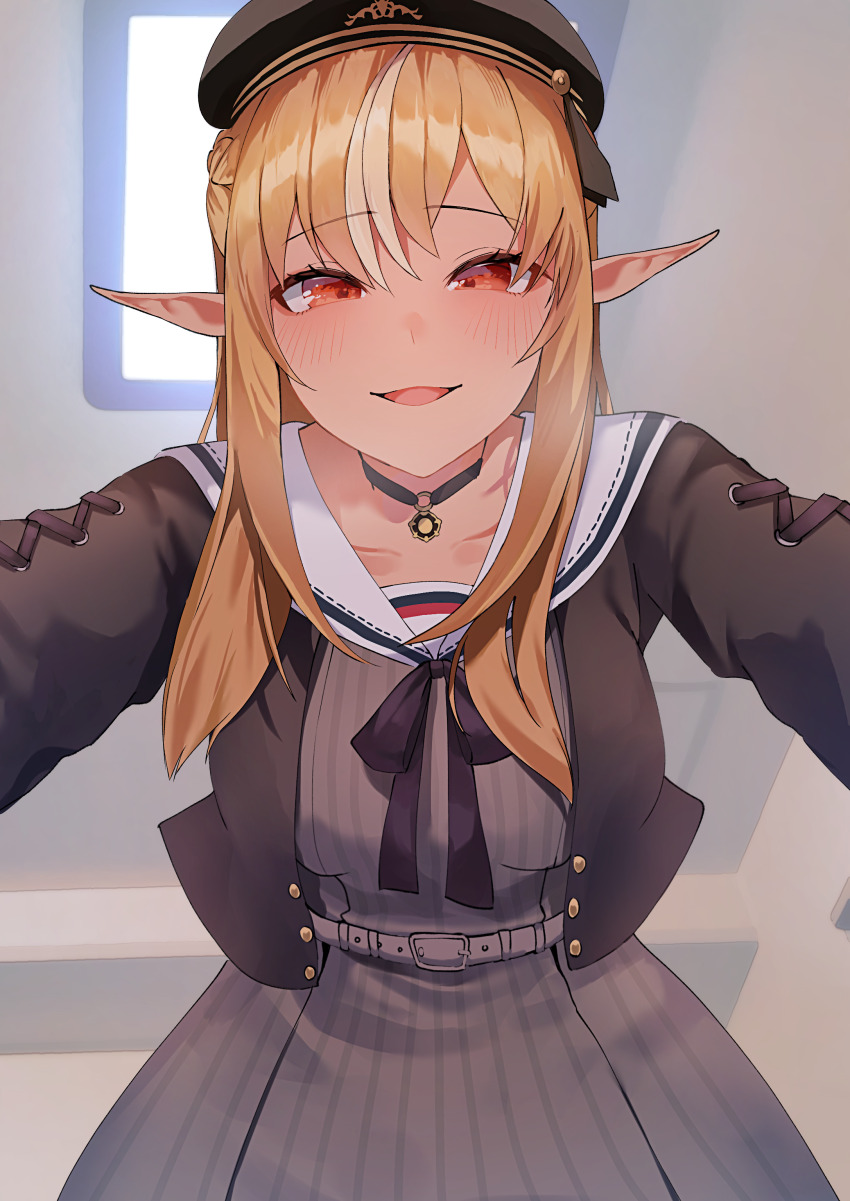 1girl 1other absurdres belt beret black_choker black_hat black_necktie blonde_hair blush choker commentary dark-skinned_female dark_elf dark_skin dress elf hat highres hololive indoors kabedon_on_viewer kashio_(92984798) long_hair long_pointy_ears looking_at_viewer multicolored_hair necktie official_alternate_costume open_mouth orange_eyes pointy_ears pov shiranui_flare shiranui_flare_(street) virtual_youtuber