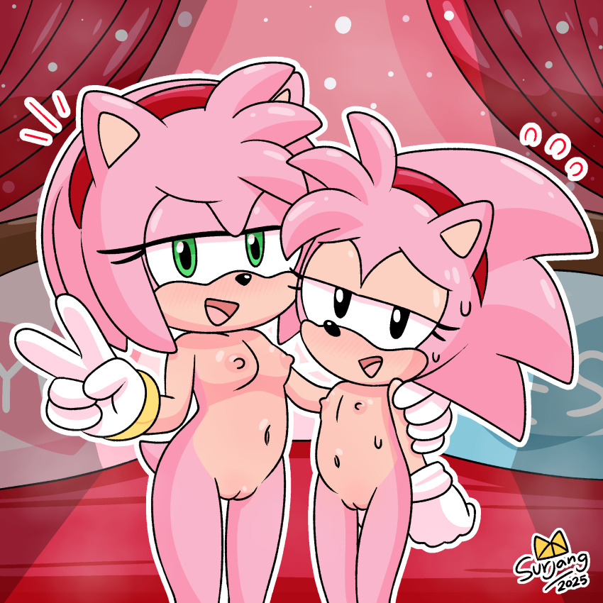 2girls amy_rose black_eyes classic_amy green_eyes loli multiple_girls nipples nude pussy sonic_(series)