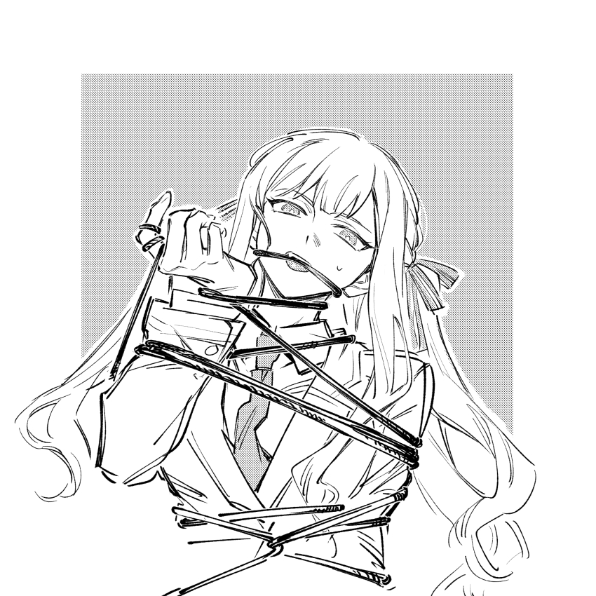 1girl bang_dream! bang_dream!_it&#039;s_mygo!!!!! blazer bound collared_shirt hair_ribbon haneoka_school_uniform highres jacket long_hair looking_at_viewer necktie nideaneng ribbon school_uniform shirt solo sweat tied_up_(nonsexual) togawa_sakiko two_side_up upper_body