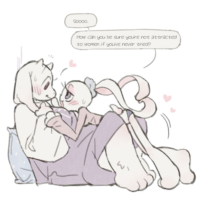 2girls against_wall animal_ears animal_feet animal_hands barefoot blue_scrunchie blush body_fur breasts closed_mouth dress ear_scrunchie eye_contact female_focus from_side furry furry_female furry_with_furry goat_ears goat_girl goat_horns half-closed_eyes hand_on_another's_arm hands_up happy heart horns interspecies knees_up large_breasts leaning_back legs long_animal_ears long_dress long_sleeves looking_at_another lying mature_female multiple_girls nervous no_pants notice_lines on_stomach open_mouth original panties pillow purple_dress purple_eyes purple_panties rabbit_ears rabbit_girl rabbit_tail raglan_sleeves red_eyes red_shirt scrunchie shirt short_tail simple_background sitting size_difference sketch small_breasts small_horns smile speech_bubble sweat tail taku_(taku_10288) talking toriel undertale underwear utdr_(toby_fox) white_background white_fur white_sleeves wide-eyed yuri