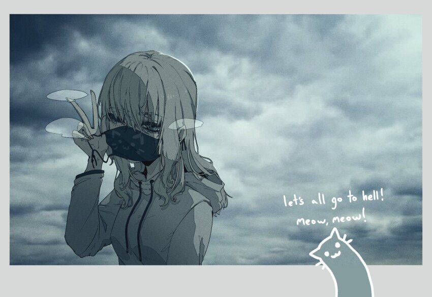 1girl animal_print bags_under_eyes border breath cat_print cloud cloudy_sky commentary day english_commentary english_text grey_border grey_eyes highres holding holding_mask hood hood_down hoodie juniper_(artist) long_hair looking_at_viewer mask original outdoors photo_(object) sky solo v