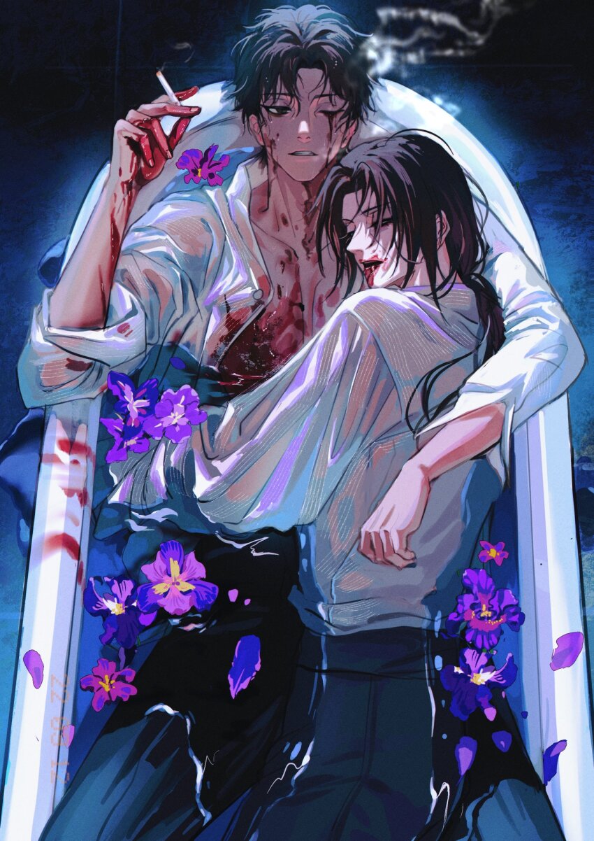 2boys between_fingers black_hair black_pants blood blood_from_mouth blood_on_hands bloody_tears cigarette collarbone collared_shirt commentary english_commentary flower highres holding holding_cigarette in_bathtub long_hair male_focus momoyoru1 multiple_boys naruto_(series) naruto_shippuuden open_clothes open_shirt pants parted_lips purple_flower shirt shirt_tucked_in short_hair smoke teeth uchiha_itachi uchiha_shisui white_shirt yaoi