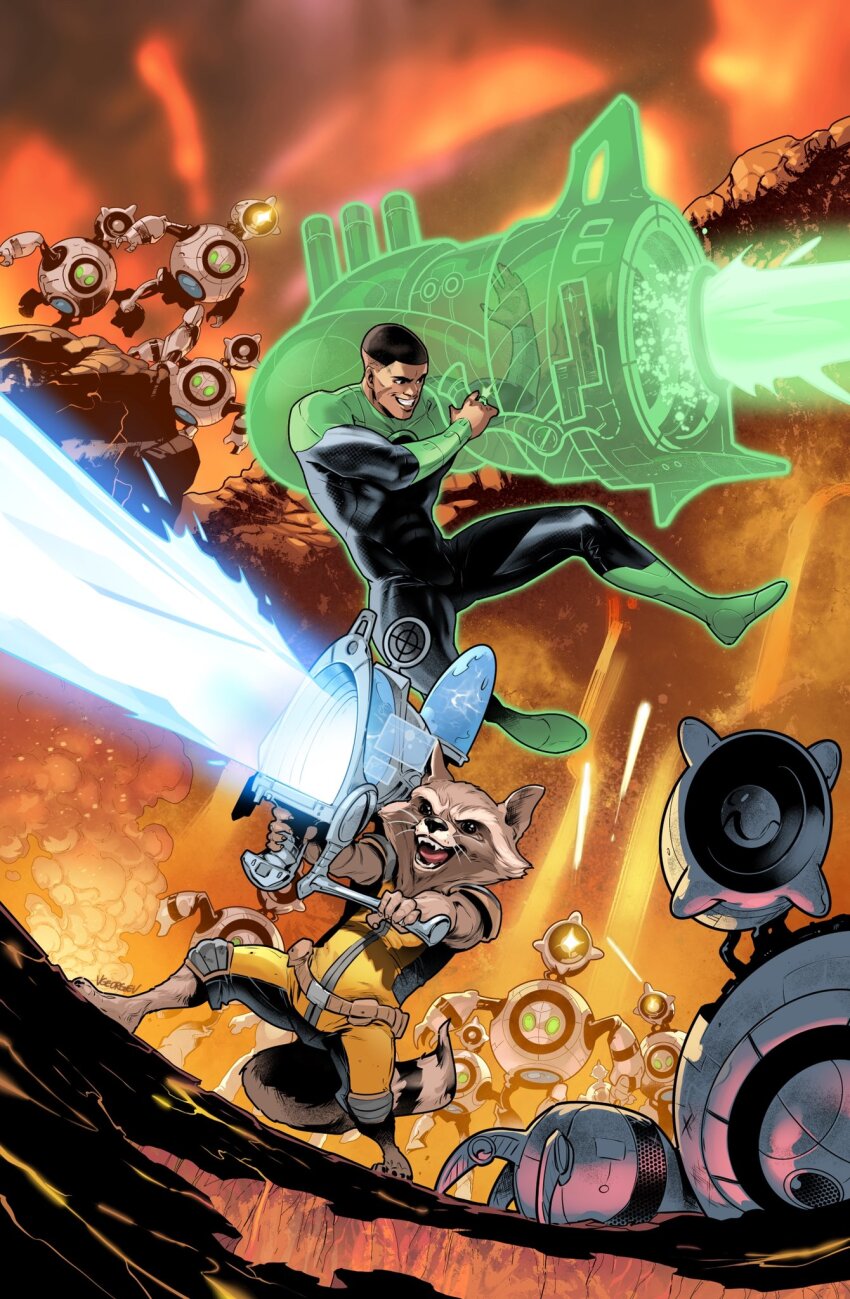 2boys aiming black_bodysuit bodysuit boots brown_fur character_request commentary crossover dark-skinned_male dark_skin dc_comics energy_blast english_commentary fangs fighting firing green_boots green_lantern green_lantern_(series) green_lantern_corps guardians_of_the_galaxy highres male_focus marvel multiple_boys muscular muscular_male open_mouth power_ring_(green_lantern) raccoon_boy rocket_raccoon short_hair smile superhero_costume vasco_georgiev