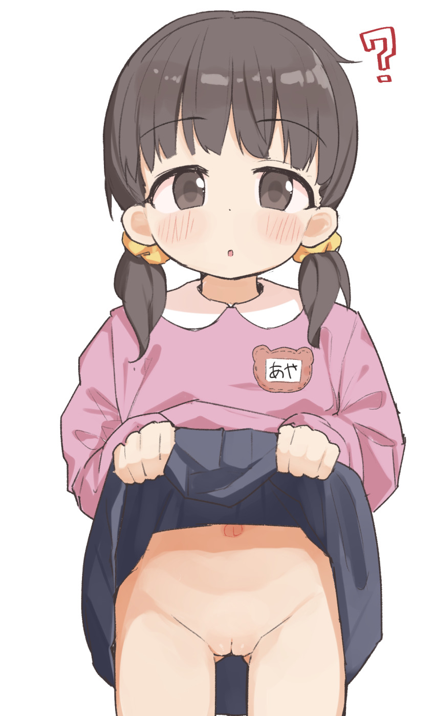 1girl :o ? bad_tag black_eyes black_hair black_skirt blush bottomless cleft_of_venus clothes_lift collar collared_shirt contrast_collar cowboy_shot female_focus gluteal_fold hair_ornament hair_scrunchie highres kindergarten_uniform kok lifting_own_clothes loli long_sleeves looking_at_viewer medium_hair name_tag navel no_panties original pink_shirt pussy scrunchie shirt short_twintails simple_background skirt skirt_lift smock solo standing stomach thighs twintails uncensored white_background white_collar