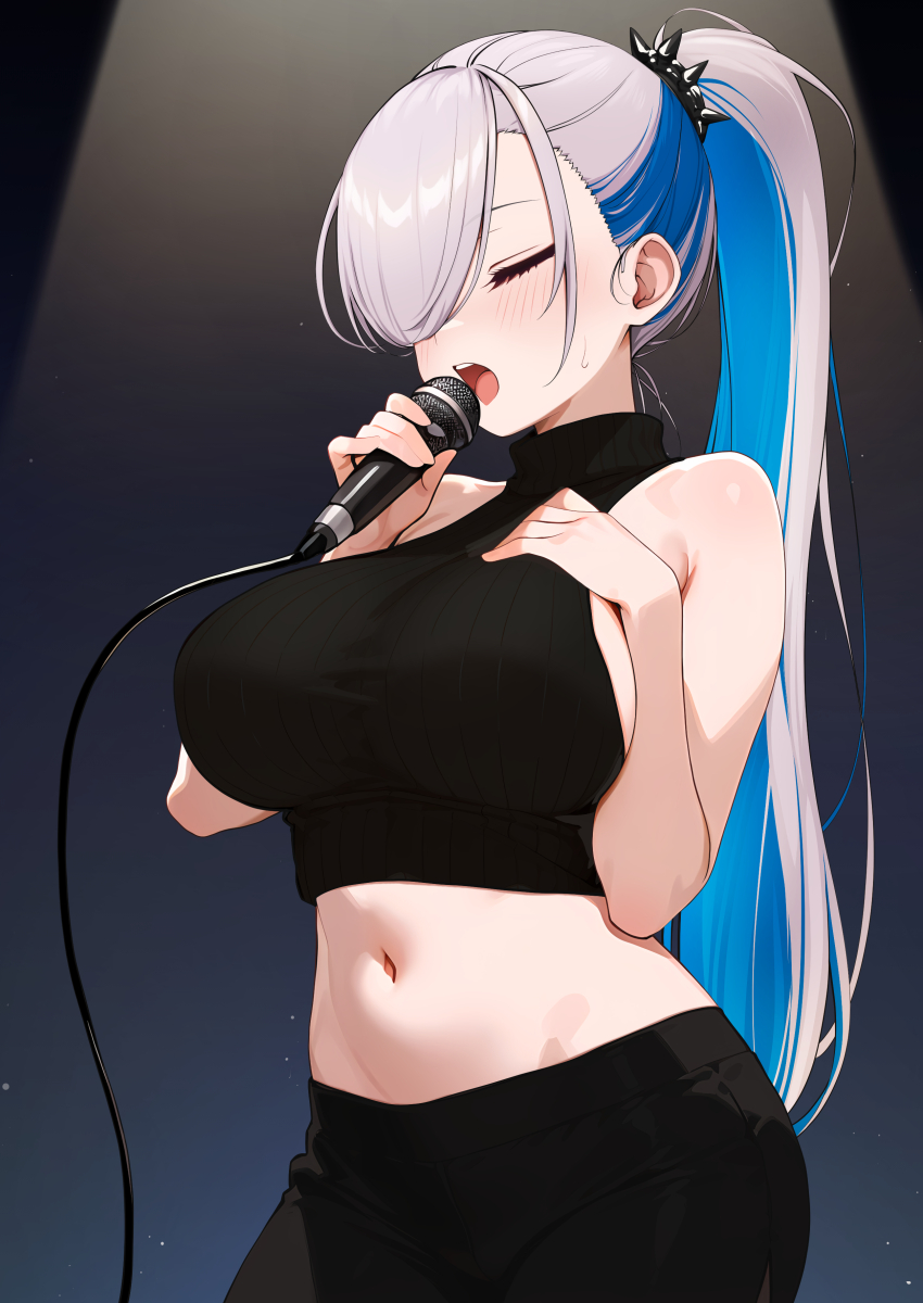 1girl absurdres bare_shoulders black_pants blue_hair blush breasts closed_eyes commentary_request grey_hair highres holding holding_microphone hololive hololive_indonesia large_breasts long_hair microphone midriff multicolored_hair music navel open_mouth otokucha pants pavolia_reine ponytail singing sleeveless solo teeth two-tone_hair upper_teeth_only virtual_youtuber