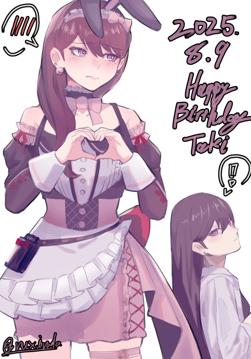 1girl absurdres animal_ears apron bang_dream! bang_dream!_it's_mygo!!!!! black_choker blush brown_hair choker closed_mouth commentary_request dated detached_sleeves earrings fake_animal_ears happy_birthday heart heart_hands highres jewelry long_hair long_sleeves mole mole_under_eye multiple_views partial_commentary pink_skirt purple_eyes rabbit_ears rushinada shiina_taki simple_background skirt spoken_blush white_apron white_background