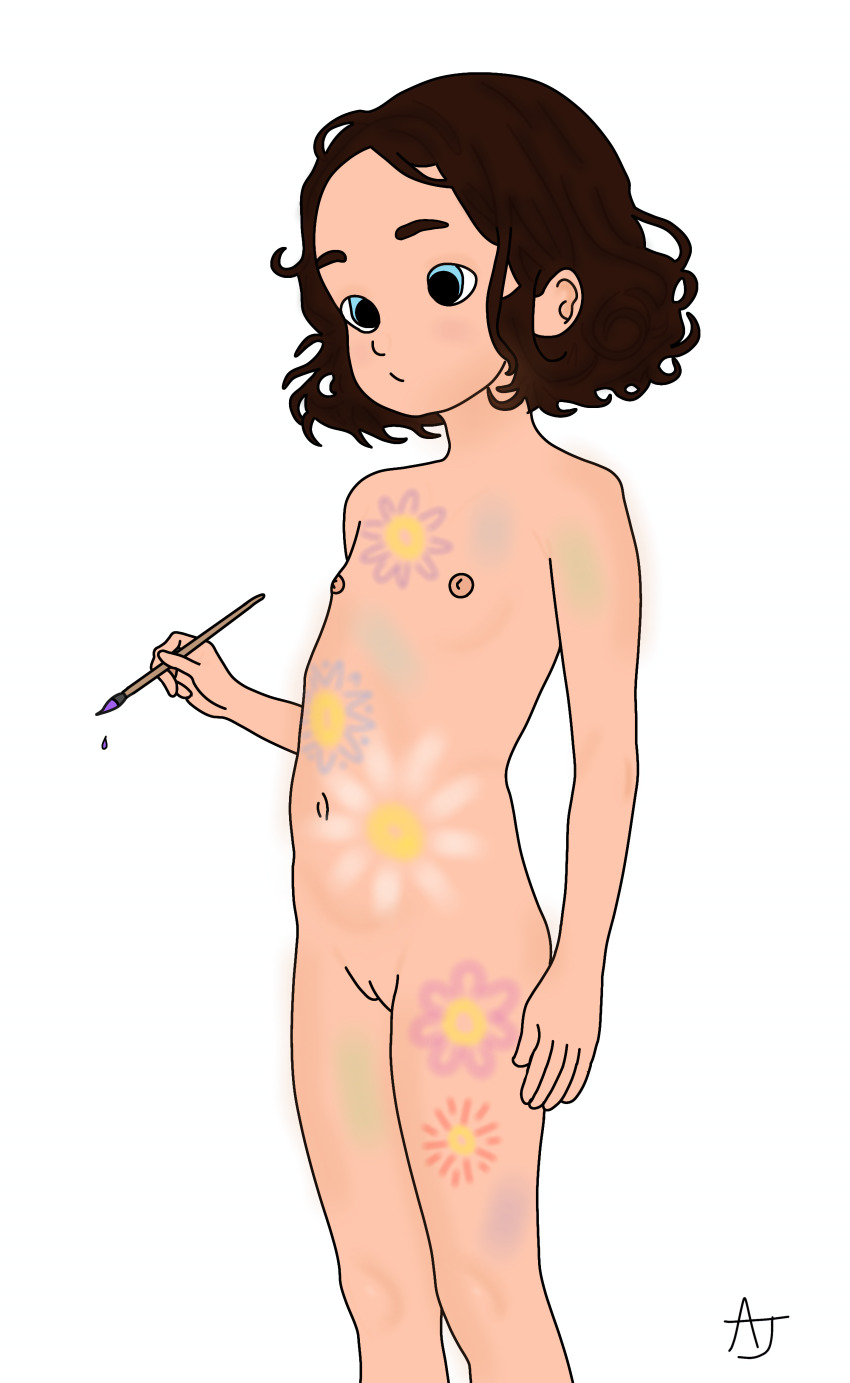 1girl aurorajay blue_eyes bodypaint brown_hair completely_nude curly_hair flat_chest loli nipples nude nudist original portrait pussy self-upload standing uncensored