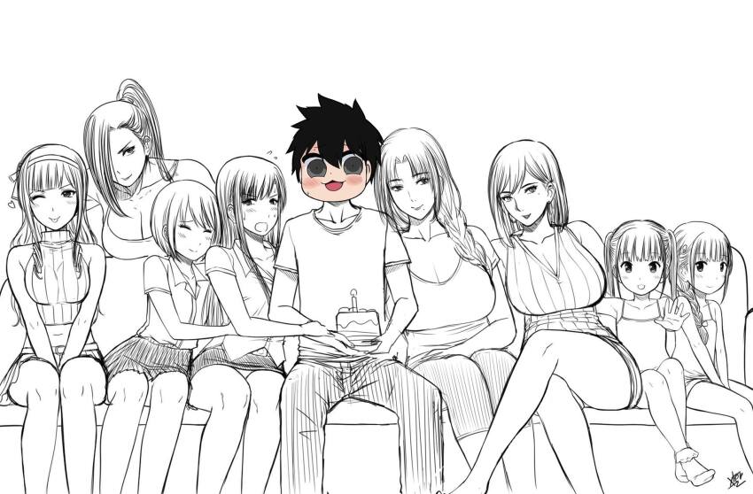 1boy 6+girls age_difference artist_self-insert birthday_cake birthmark braid braided_ponytail breasts cake cleavage flirting food futa_without_pussy futanari group_picture hair_over_one_eye highres hug large_breasts long_eyelashes mature_female multiple_girls nate-napa_hongsakulpitak_(xter) nush_(xter) nut-chan_(xter) original sitting skirt thighs tongue tongue_out xter