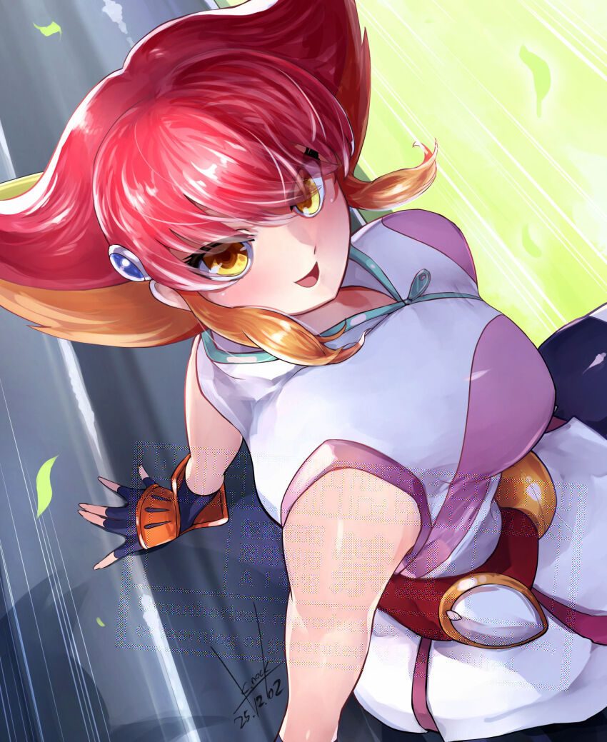 1girl arm_support artist_name bike_shorts breasts clenched_hand dated fingerless_gloves gloves highres kouzuki_anna large_breasts legs looking_at_viewer multicolored_hair open_mouth orange_hair pink_hair short_hair sitting smile solo thighs tongue two-tone_hair yellow_eyes yu-gi-oh!