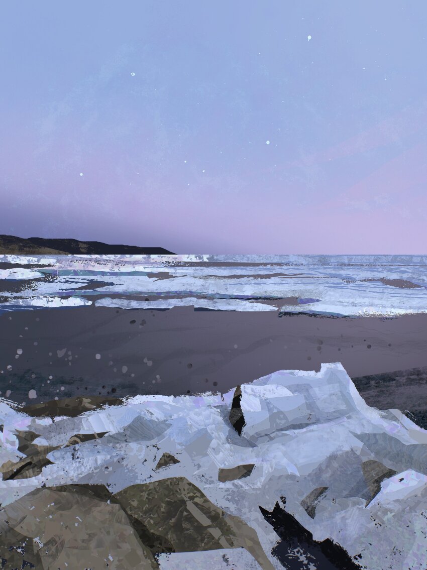 absurdres beach commentary highres landscape mountainous_horizon no_humans original outdoors painterly rock scenery shore sky star_(sky) starry_sky sunset surf symbol-only_commentary twulfs