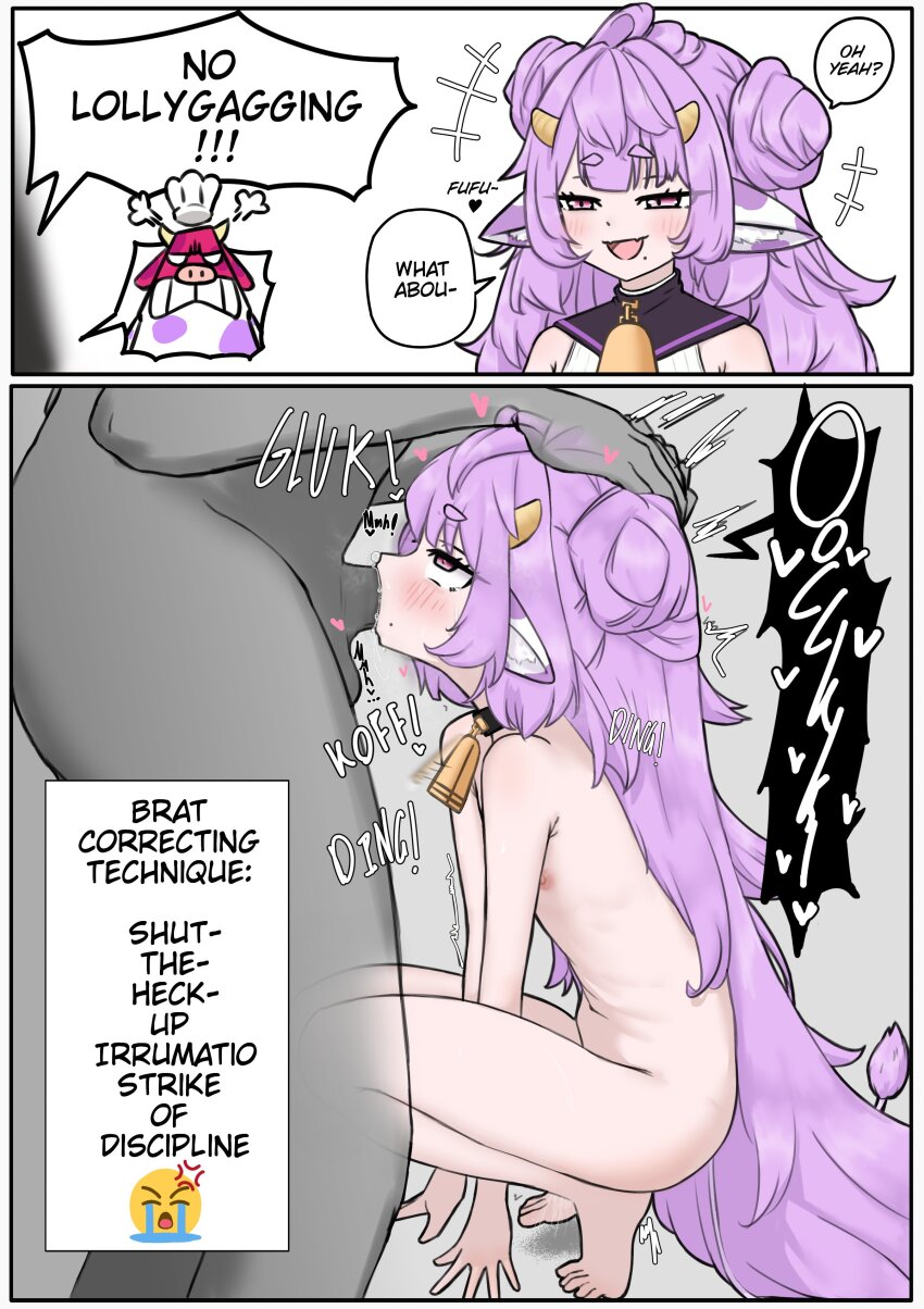 1boy 1girl 2koma absurdres animal_ears blush clash_royale collar comic completely_nude cow_ears cow_tail double_bun emoji english_text erection feet fellatio flat_chest hair_bun heart highres horns instant_loss irrumatio kan_(kannanii) loli mesugaki motion_blur motion_lines multiple_views muu_muyu navel neck_bell nipples nude oral penis phase_connect pink_eyes purple_hair saliva shirt sleeveless sleeveless_shirt sound_effects squatting tail testicles tiptoes trembling uohhhhhhhhh!_(meme) virtual_youtuber