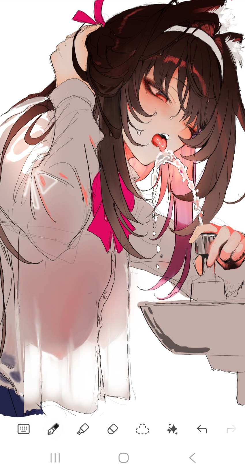 1girl alternate_costume animal_ears art_program_in_frame black_skirt blush bow breasts brown_hair chest_bow covered_erect_nipples dew_drop drinking_fountain droopy_ears fox_ears fox_girl from_side hairband half-closed_eyes hand_up highres large_breasts long_hair one_eye_closed open_mouth profile red_eyes red_ribbon ribbon see-through_clothes shirt simple_background skirt solo tonari_no_oji-san tucking_hair upper_body user_interface water_drop wet wet_hair white_background white_hairband white_shirt ye_shunguang zenless_zone_zero