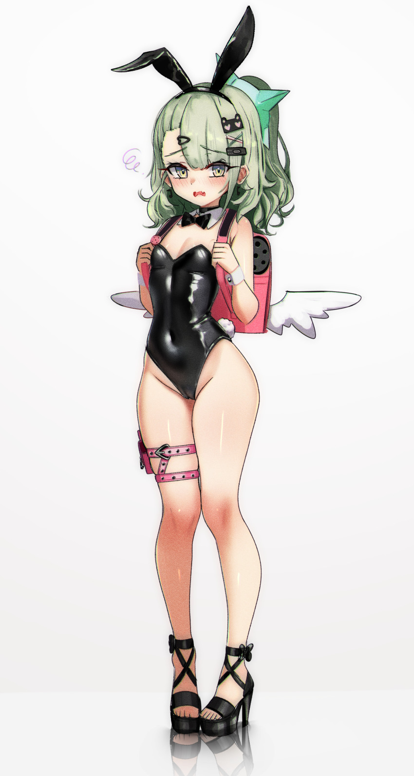 1girl absurdres animal_ears backpack bad_tag bag blush breasts cameltoe covered_navel fake_animal_ears fang female_focus full_body green_eyes green_hair hair_ornament hairclip halo high_heels highres kiari_art leotard loli looking_at_viewer playboy_bunny ponytail rabbit_ears shoes side_ponytail small_breasts solo standing sunna_(zenless_zone_zero) thighs wavy_mouth wings zenless_zone_zero