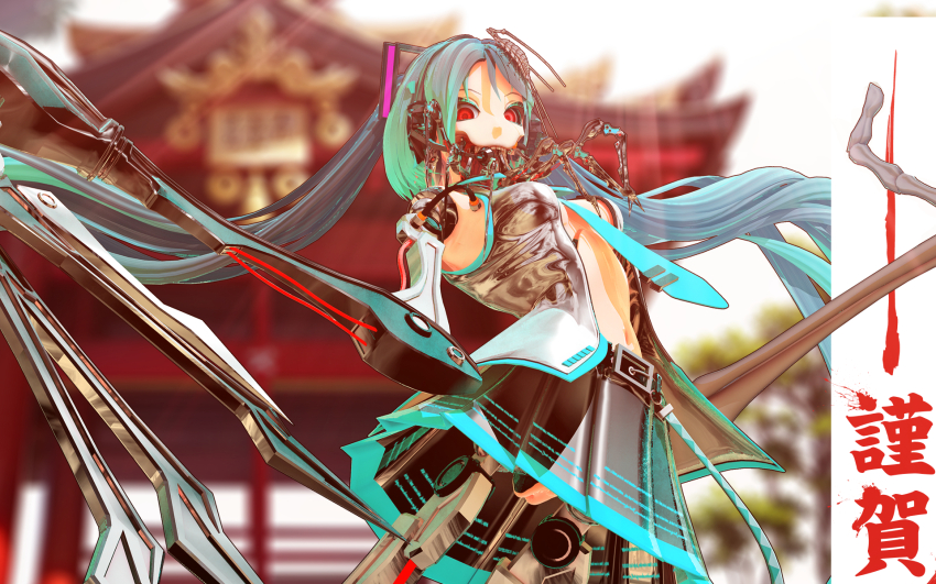 1girl 3d android aqua_hair blue_necktie calne_ca_(deino) colored_eyelashes cosplay deino_(deino3330) gluteal_fold gradient_hair hatsune_miku hatsune_miku_(cosplay) highres isopod joints long_hair looking_at_viewer mechanical_arms mechanical_legs multicolored_hair nato-kun navel necktie no_panties original outdoors red_eyes robot_joints shiny_clothes teeth torii twintails upper_teeth_only very_long_hair vocaloid wire