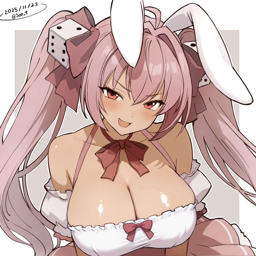 1girl animal_ears areola_slip blush bow bowtie breasts cleavage commentary_request dated di_gi_charat dice_hair_ornament fang grey_background hair_between_eyes hair_bow hair_ornament highres large_breasts long_hair looking_at_viewer open_mouth pink_hair pink_skirt rabbit_ears rabbit_girl red_bow red_bowtie red_eyes seo_tatsuya skirt smile solo twintails two-tone_background upper_body usada_hikaru v-shaped_eyebrows white_background