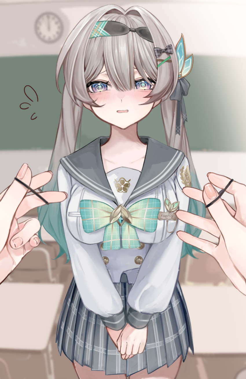 1girl 1other @_@ alternate_hairstyle analog_clock aqua_bow aqua_bowtie black_hairband blurry blurry_background bow bowtie breasts buttons chalkboard classroom clock commentary_request cowboy_shot double-breasted fingernails firefly_(honkai:_star_rail) firefly_(spring_missive)_(honkai:_star_rail) flying_sweatdrops gradient_hair green_hair grey_hair grey_sailor_collar grey_skirt hair_between_eyes hair_bow hair_intakes hair_ornament hair_tie hairband hairclip highres holding holding_hair_tie honkai:_star_rail honkai_(series) impossible_clothes impossible_shirt indoors large_breasts long_fingernails long_hair long_sleeves looking_at_viewer multicolored_hair name_tag official_alternate_costume open_mouth own_hands_together plaid_bow plaid_bowtie plaid_clothes plaid_skirt pov pov_hands purple_eyes sailor_collar sakusaku_(616saku) school_uniform serafuku shirt skirt solo_focus twintails variant_set wall_clock white_shirt