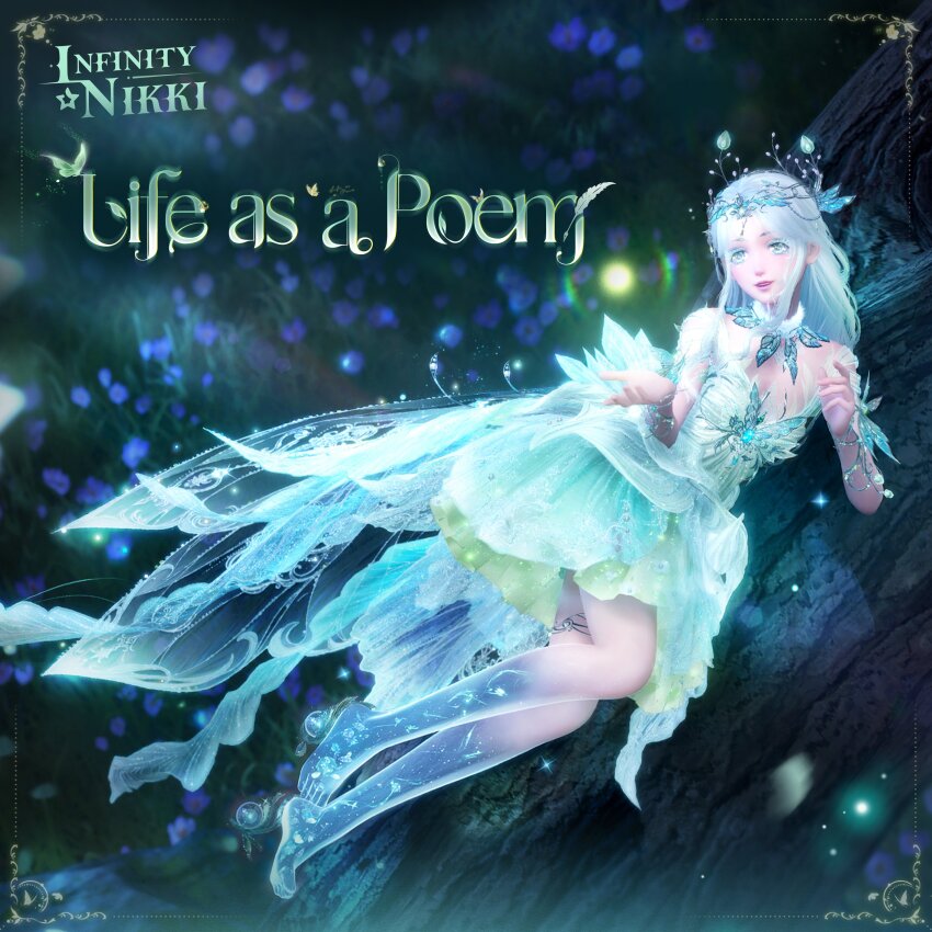 1girl 3d absurdres album_cover artist_request bare_legs bare_shoulders barefoot blue_eyeshadow blue_gem blue_skin breasts butterfly_brooch butterfly_hair_ornament chest_jewel circlet cleavage colored_extremities colored_eyelashes colored_skin commentary copyright_logo cover dress english_commentary english_text eyeshadow fairy fairy_wings field fireflies flower flower_field forest_ripple_(infinity_nikki) full_body gem green_dress green_eyes hair_ornament happy highres infinity_nikki jewelry light_particles lipstick logo long_hair low_wings lying makeup night nikki_(series) official_art on_side open_mouth outdoors outstretched_hand pink_lips purple_flower second-party_source sidelocks smile solo strapless strapless_dress thighlet title transparent_wings wavy_hair white_hair white_wings wings