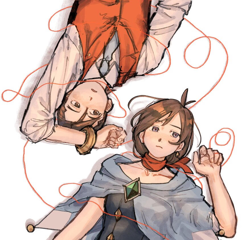 1boy 1girl ace_attorney antenna_hair apollo_justice apollo_justice:_ace_attorney black_dress blue_cape blue_eyes blue_necktie breasts brown_eyes brown_hair cape closed_mouth collared_shirt commentary_request dress gem gold_bangle green_gem hair_between_eyes hideyo746 highres light_blush long_hair medium_breasts necktie parted_lips red_necktie red_vest shirt short_hair sleeves_rolled_up string string_of_fate trucy_wright upper_body vest waistcoat white_background white_shirt