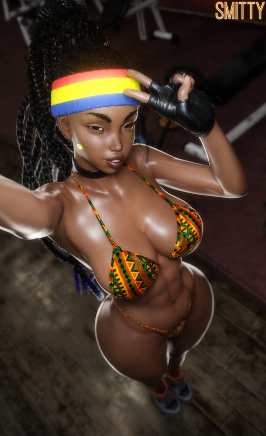 1girl 3d absurdres alternate_costume bikini black_gloves black_hair braid breasts cleavage curvy dark-skinned_female dark_skin dreadlocks fingerless_gloves from_above glasses gloves hetero highleg highleg_bikini highres kimberly_jackson large_breasts long_hair looking_at_viewer multicolored_bikini multicolored_hair parted_lips seductive_gaze selfie shiny_skin shoes smile sneakers solo standing strapless street_fighter street_fighter_6 swimsuit thong thong_bikini tube_top v wide_hips