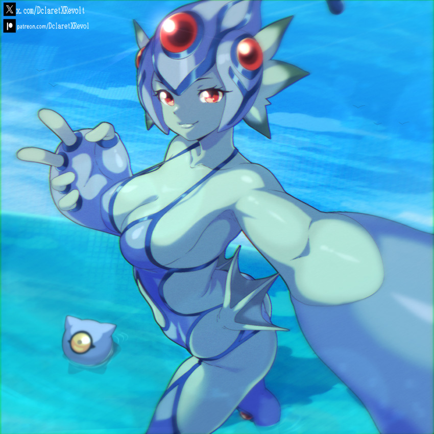 1girl arm_up armpits ass bare_shoulders blue_helmet blue_leggings blue_one-piece_swimsuit breasts cleavage closed_mouth clothing_cutout collarbone colored_skin commentary dclaret digimon digimon_(creature) english_commentary fins frog_girl green_skin head_fins helmet highres kuramon large_breasts leggings looking_at_viewer mixed-language_commentary monster_girl navel_cutout one-eyed one-piece_swimsuit outstretched_arm patreon_username ranamon red_eyes selfie side_cutout smile solo_focus standing swimsuit symbol-only_commentary taking_picture twitter_username v wading water watermark web_address