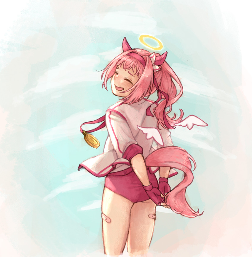 1girl animal_ears bandaid bandaid_on_leg blush bow buruma closed_eyes commentary ear_covers fingerless_gloves from_behind gloves gold_medal halo haru_urara_(bestest_prize)_(umamusume) haru_urara_(umamusume) headband highres horse_ears horse_girl horse_tail jacket long_hair open_mouth pink_buruma pink_hair pink_headband ponytail red_buruma red_gloves red_headband shankkei smile solo tail umamusume white_jacket wings