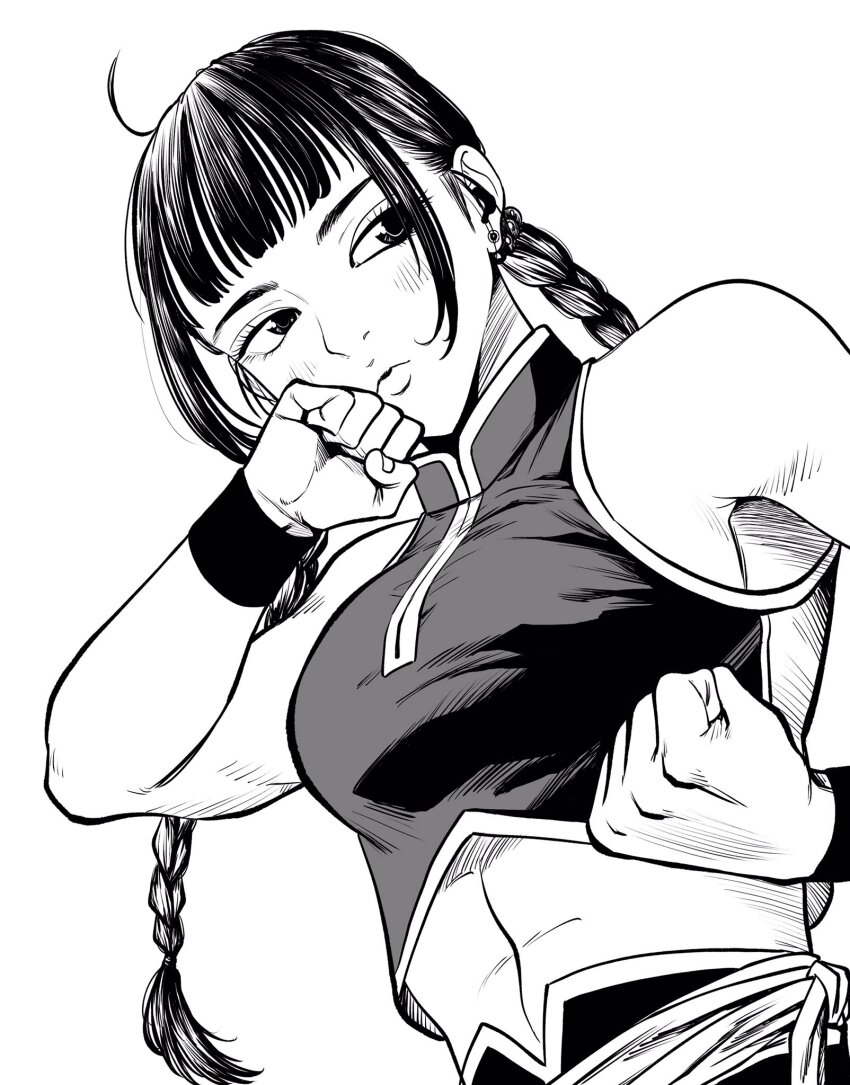 1girl abs ahoge armpit_peek braid breasts chinese_clothes commentary_request crop_top dutch_angle earrings from_below greyscale hatching_(texture) highres jewelry lee_(dragon_garou) light_blush linea_alba lips low_twin_braids medium_breasts midriff monochrome original sidelocks sleeveless solo stud_earrings twin_braids wristband